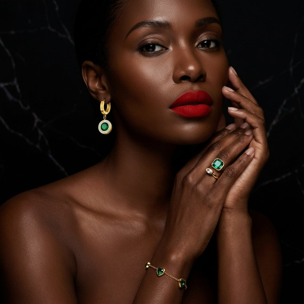 Parure cœur émeraude dorée : bague, boucles et bracelet, acier inoxydable – UniversBeauty