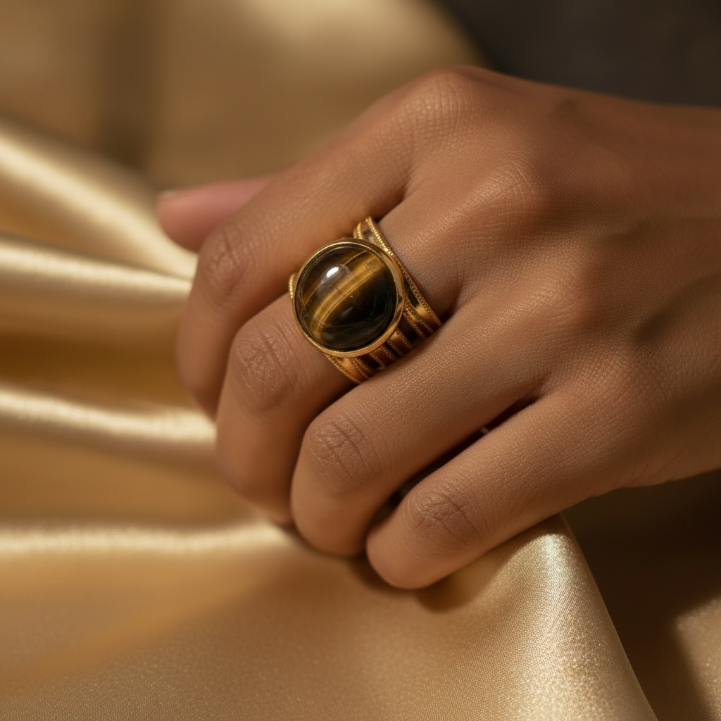 Bague multi-lignes léopard dorée, gros plan, acier inoxydable – UniversBeauty