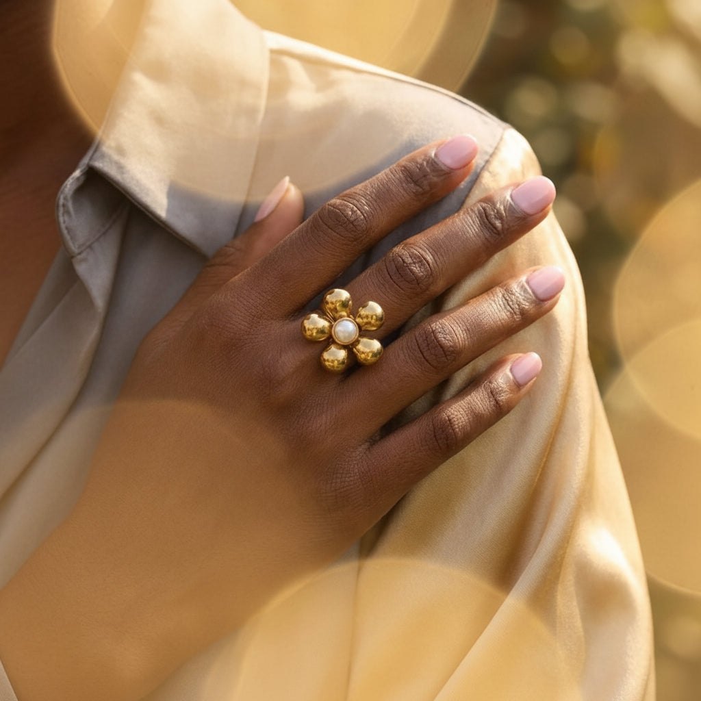 Bague fleur perlée dorée, gros plan, acier inoxydable – UniversBeauty