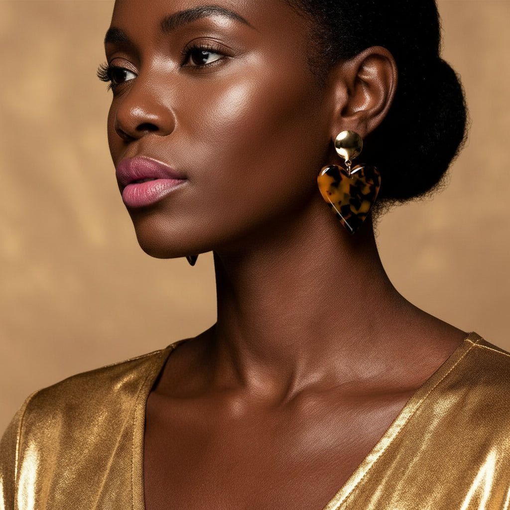 Boucles d'oreilles pendantes grand cœur en résine effet léopard, dorées, acier inoxydable 316L – UniversBeauty