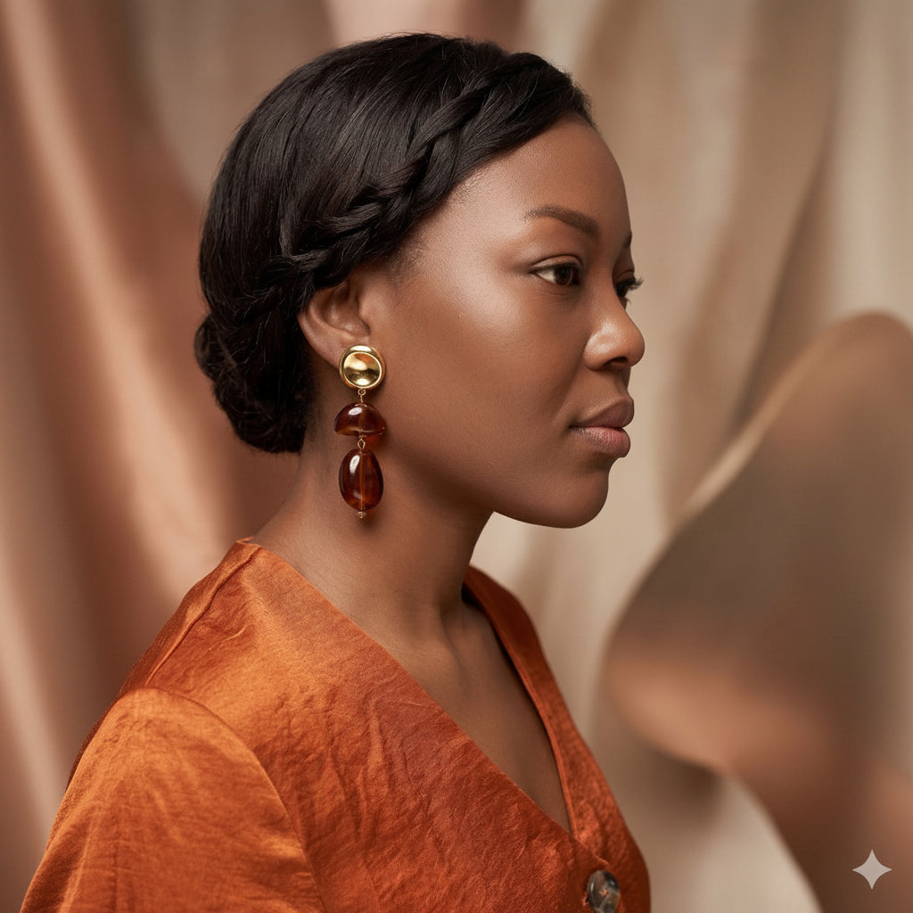 Boucles d'oreilles pendantes pierre ambre et doré, acier inoxydable 316L – UniversBeauty