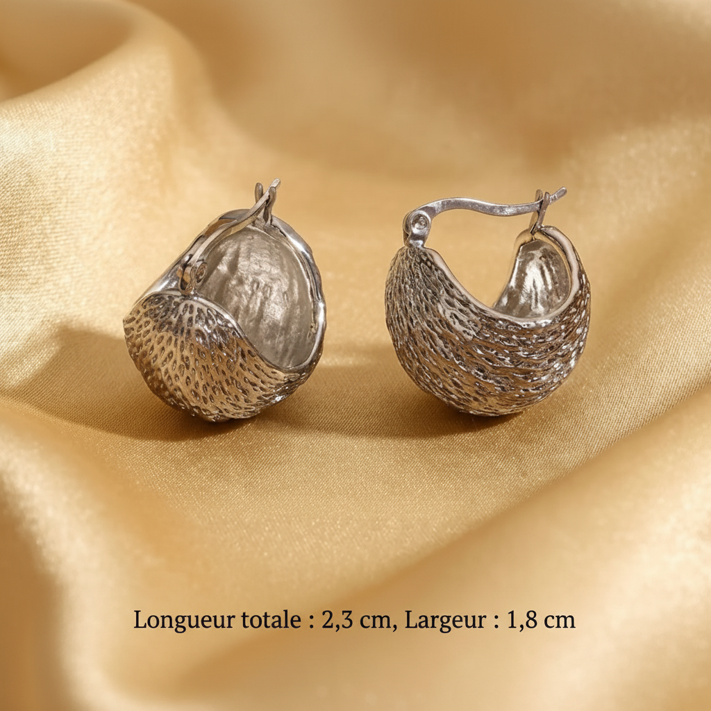 Boucles d'oreilles créoles épaisses texturées argentées, acier inoxydable – UniversBeauty