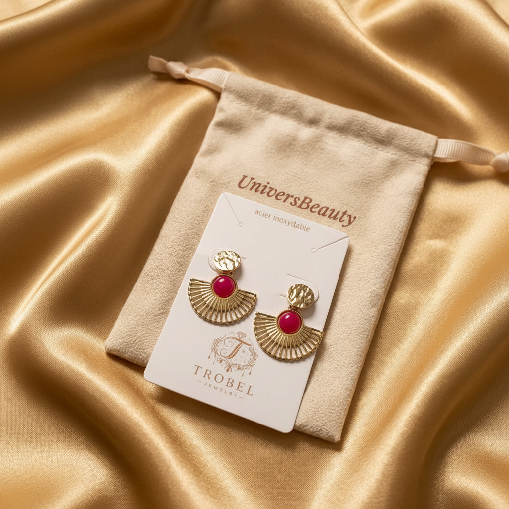 Boucles d'oreilles éventail bohème à pierre fuchsia, dorées, acier inoxydable – UniversBeauty