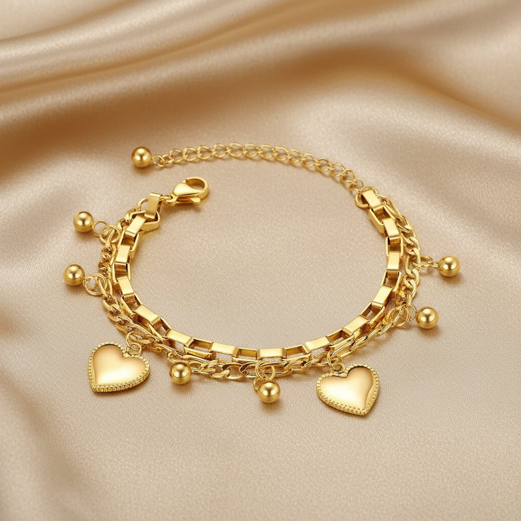 Bracelet multi-rangs à breloques cœurs et boules, doré, acier inoxydable – UniversBeauty