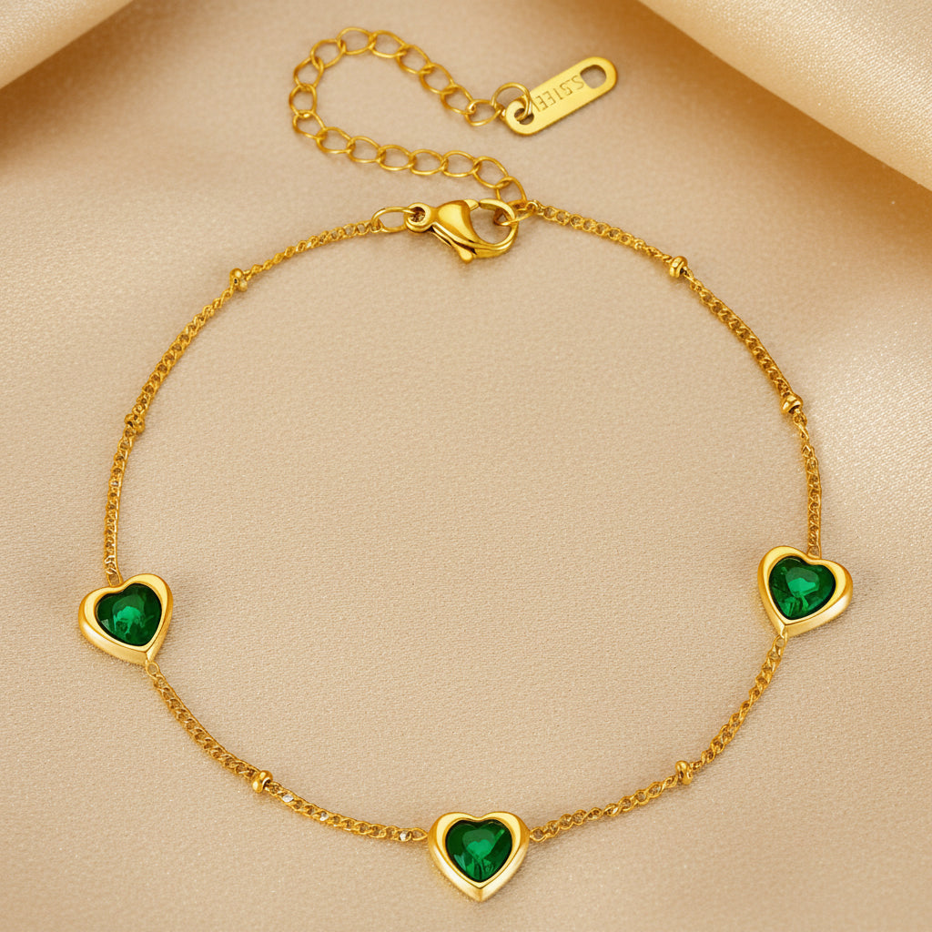 Bracelet trio de cœurs vert émeraude, doré, acier inoxydable – UniversBeauty