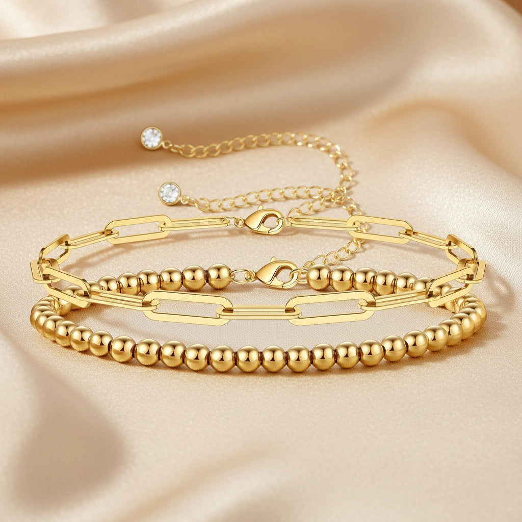 Bracelet double rang à maillons et boules, doré, acier inoxydable – UniversBeauty