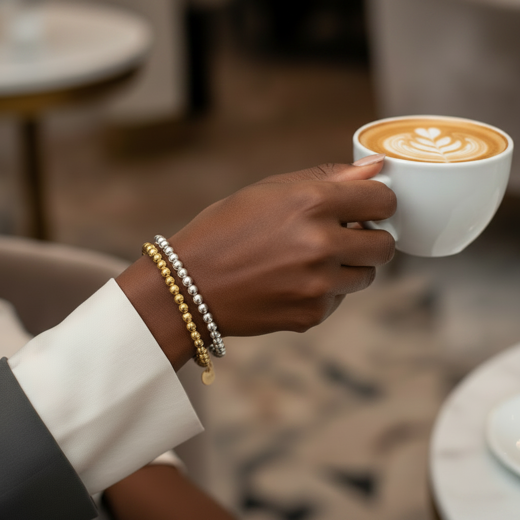 Bracelet perlé effet miroir, versions dorée et argentée, acier inoxydable – UniversBeauty
