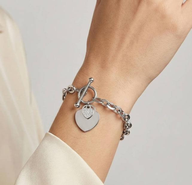 Bracelet à maillons cœur avec fermoir T, argenté, acier inoxydable – UniversBeauty