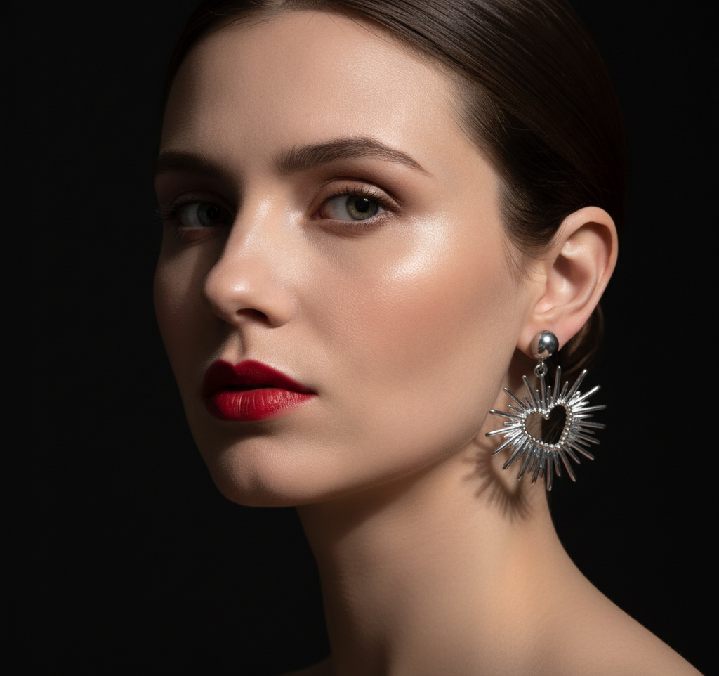 Boucles d'oreilles cœur soleil argentées portées, acier inoxydable 316L – UniversBeauty