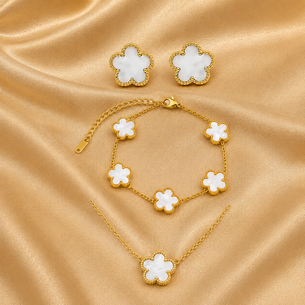 Parure trèfle blanche : collier, boucles et bracelet, acier inoxydable – UniversBeauty