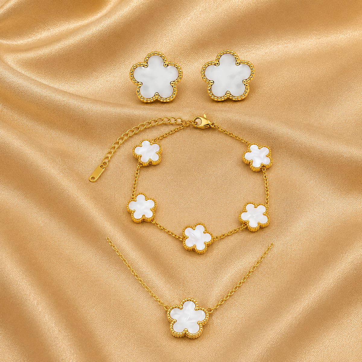 Parure trèfle blanche : collier, boucles et bracelet, acier inoxydable – UniversBeauty