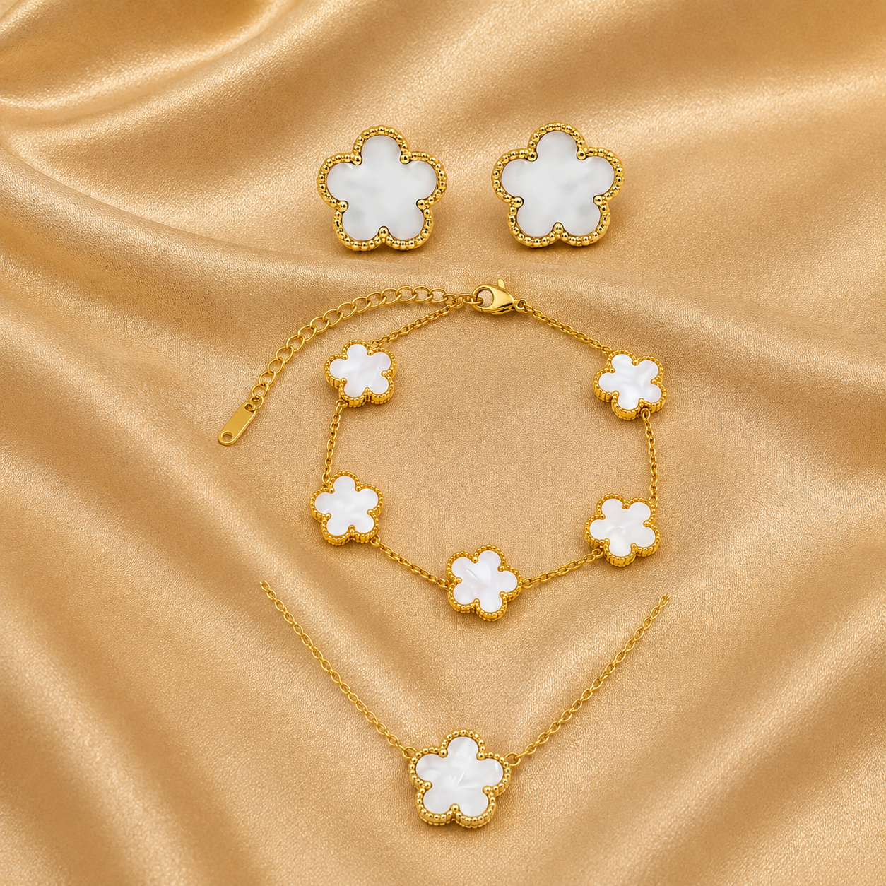 Parure trèfle blanche : collier, boucles et bracelet, acier inoxydable – UniversBeauty