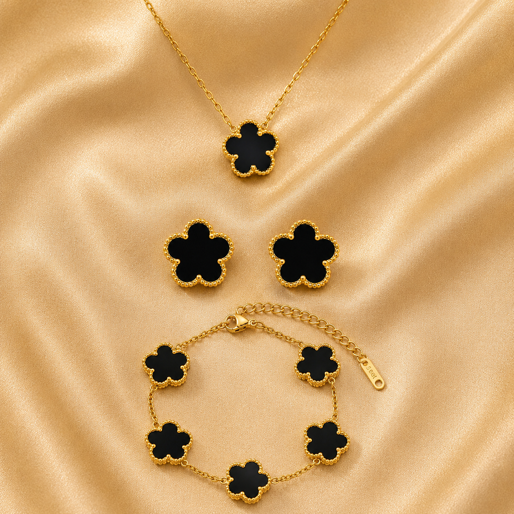 Parure trèfle noire : collier, boucles et bracelet, acier inoxydable – UniversBeauty