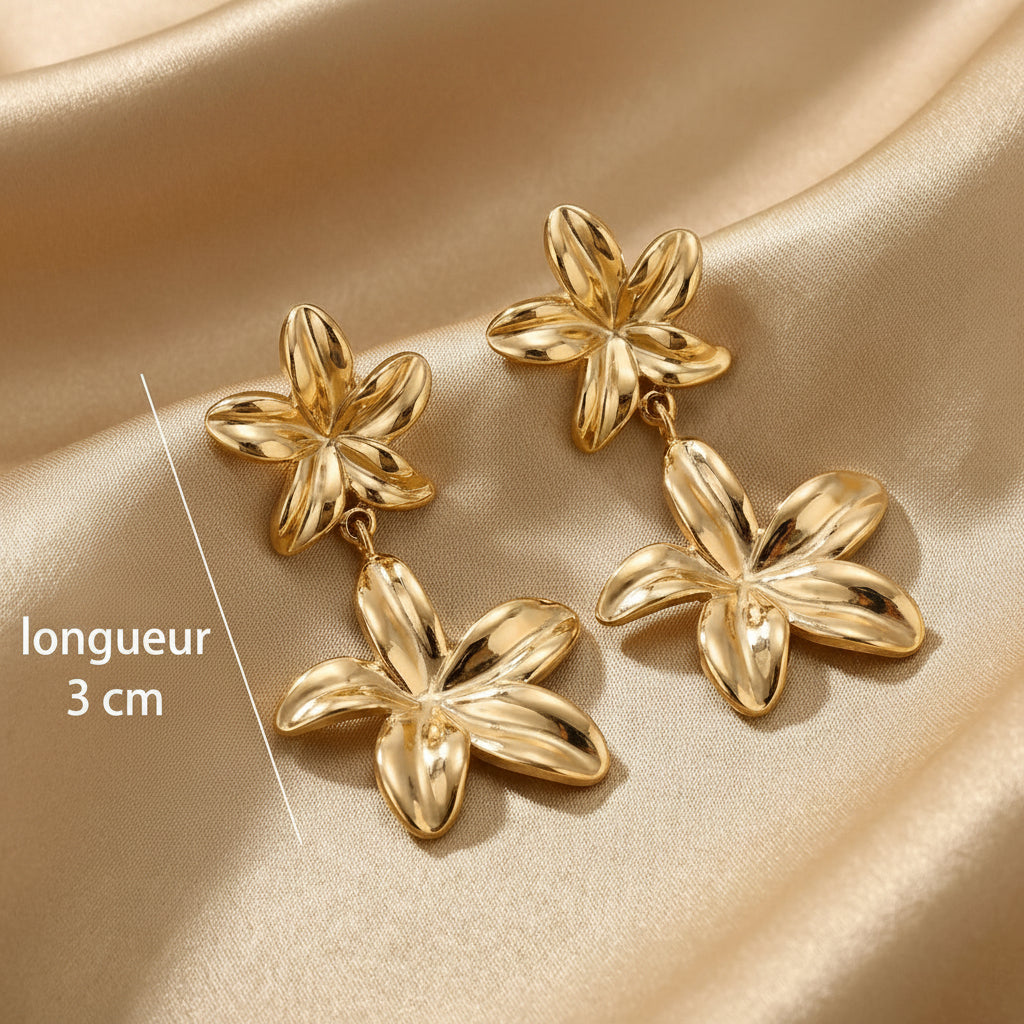 Boucles d'oreilles doubles fleurs brillantes dorées, acier inoxydable 316L – UniversBeauty