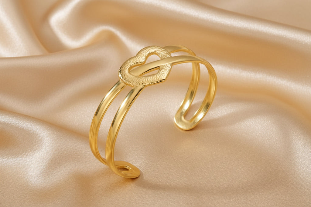 Gold Intertwined Heart Cuff Bracelet — Stainless Steel