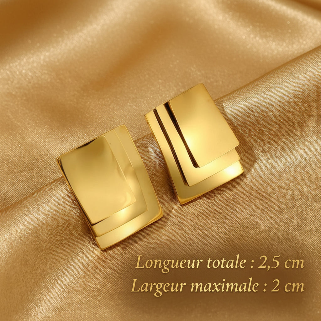 Boucles d'oreilles triple rectangle dorées, gros plan, acier inoxydable 316L – UniversBeauty
