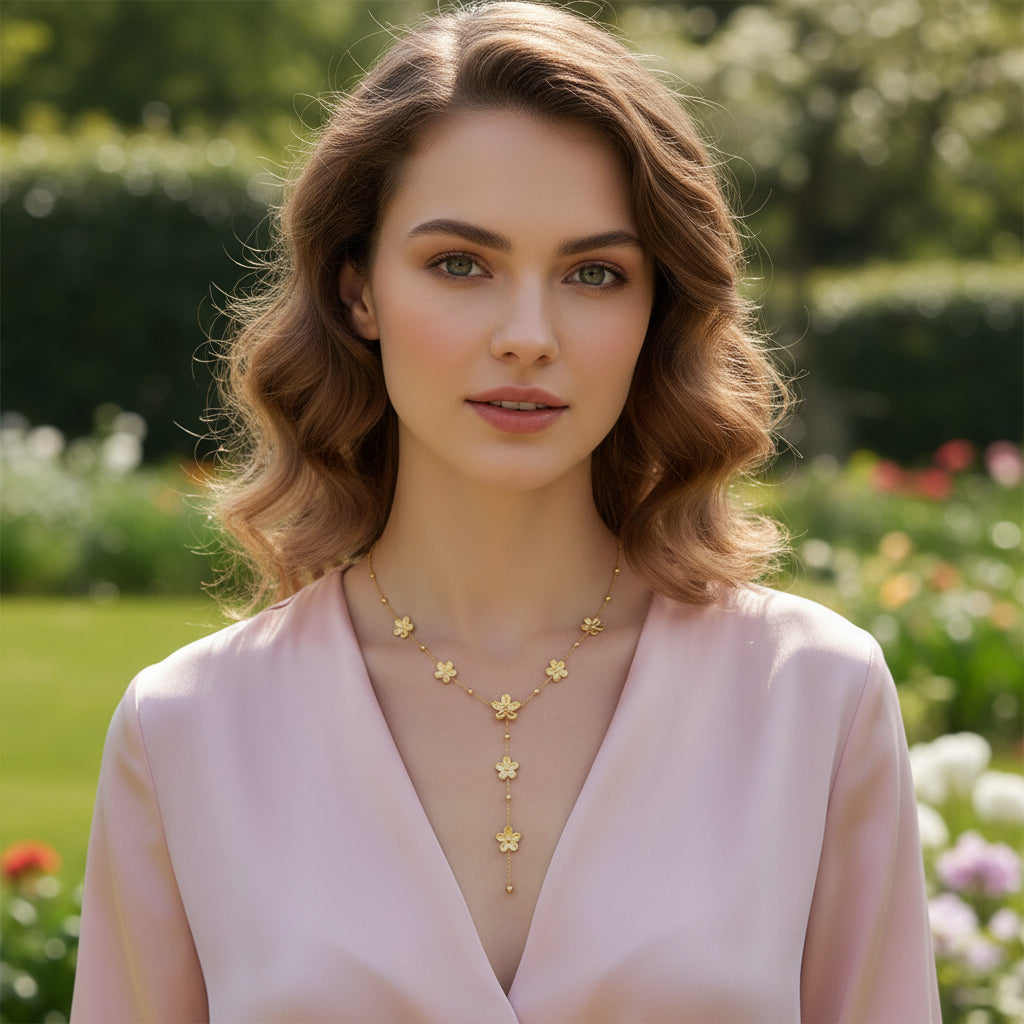 Collier en Y à Chaîne Fine & Fleurs Martelées
