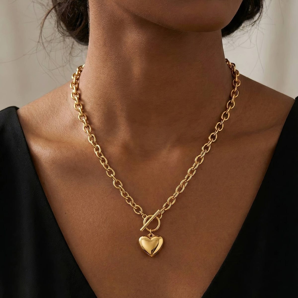 Collier gros maillons à cœur bombé doré, acier inoxydable 316L – UniversBeauty