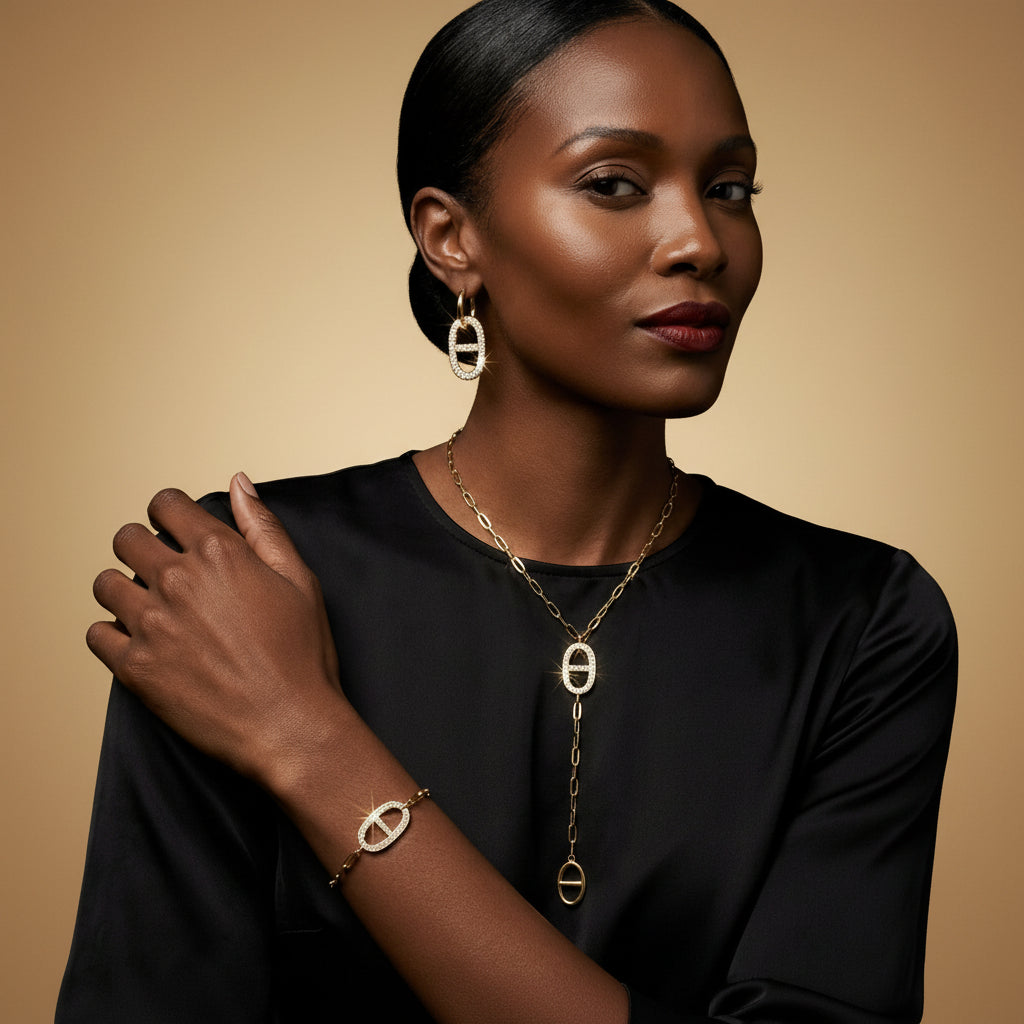 Parure maille marine pavée de strass dorée, collier et boucles, acier inoxydable – UniversBeauty